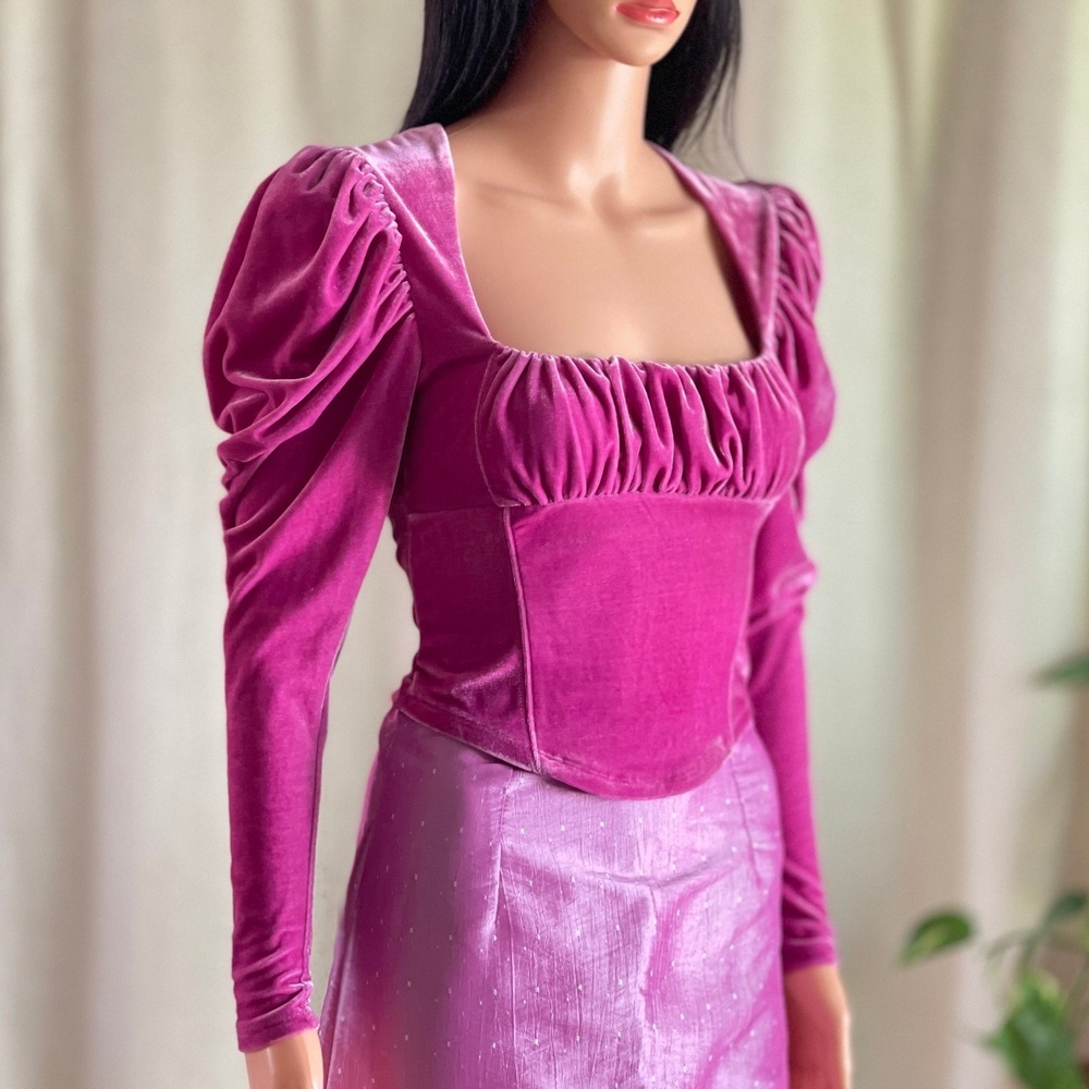 Free People Hold Me Top Magenta Pink Velvet Puff Sleeve Milkmaid Renaissance XS